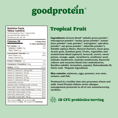 Good Protein Superfood Greens Powder - Tropical Fruit Flavor | Vegan, Gluten-Free, Non-GMO Green Juice Mix with Digestive Enzymes & Probiotics | 225g