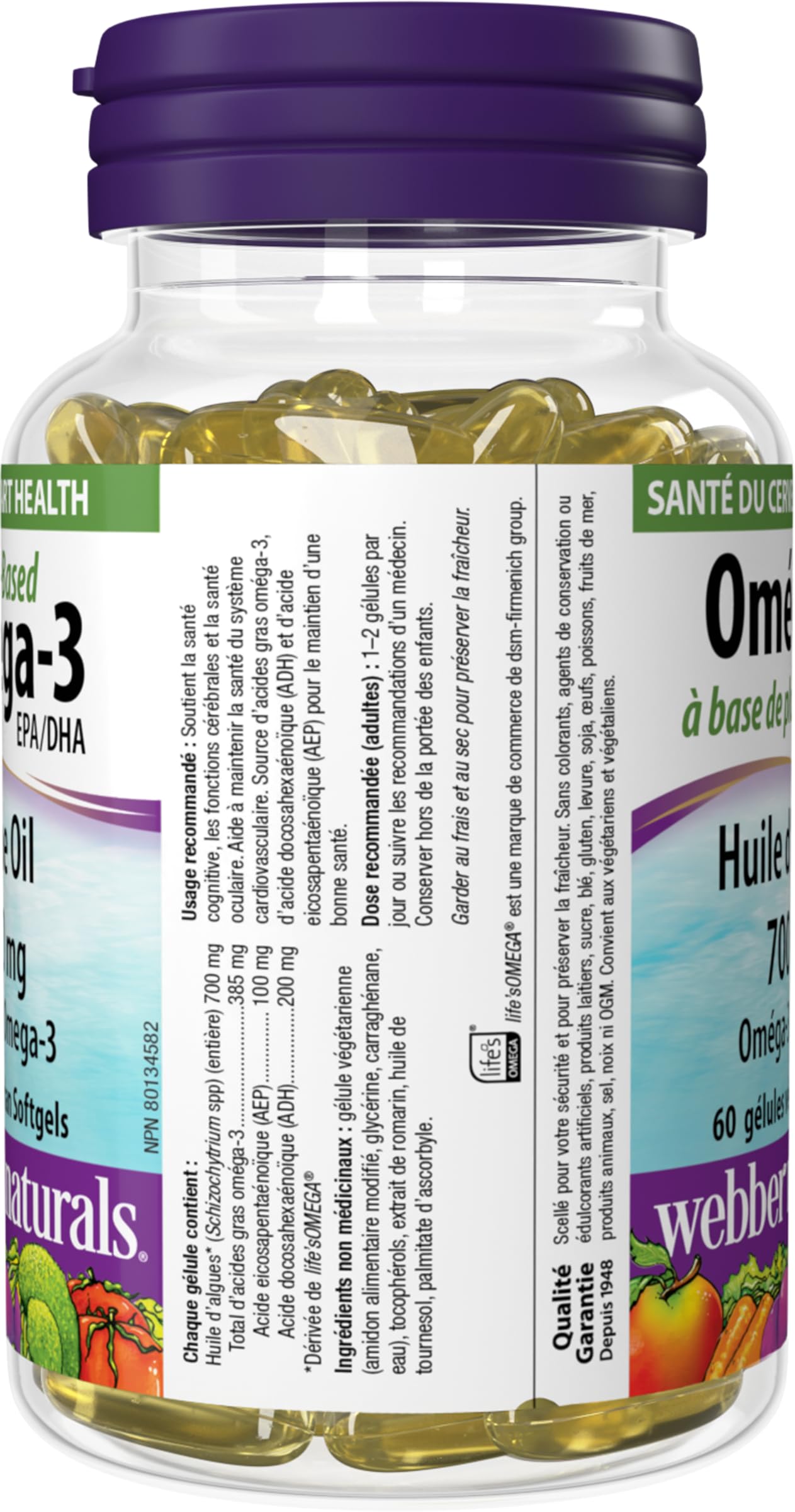 Webber Naturals Plant-Based Omega-3, 60 Softgels, Fish-Free Source of Omega-3, From Sustainably Cultivated Algae, Vegan - Available at All In One Marketplace Canada