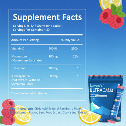 UltraCalm Cortisol Super Drink Packets, Sugar-Free, with Vitamin D, Raspberry Lemonade Electrolytes Powder Packets, 30 Sticks