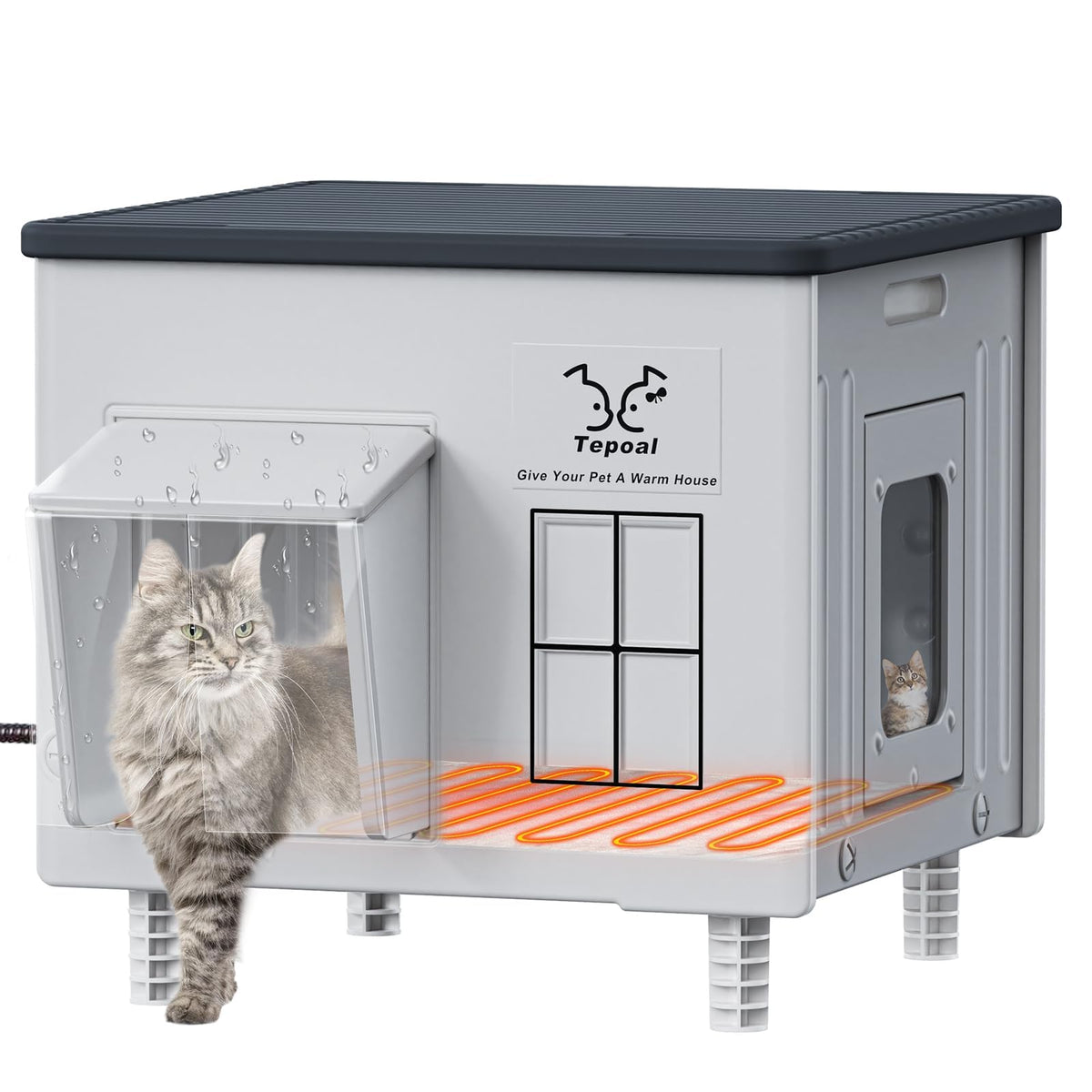 Indestructible Heated Cat House for Outside - 100% Waterproof & Weatherproof Heated Outdoor Cat House with Escape Door for Winter, Insulated Feral Cat Shelter for Porch Barns Strays 17.7x15x17.5 in 🍁 All In One Marketplace Canada