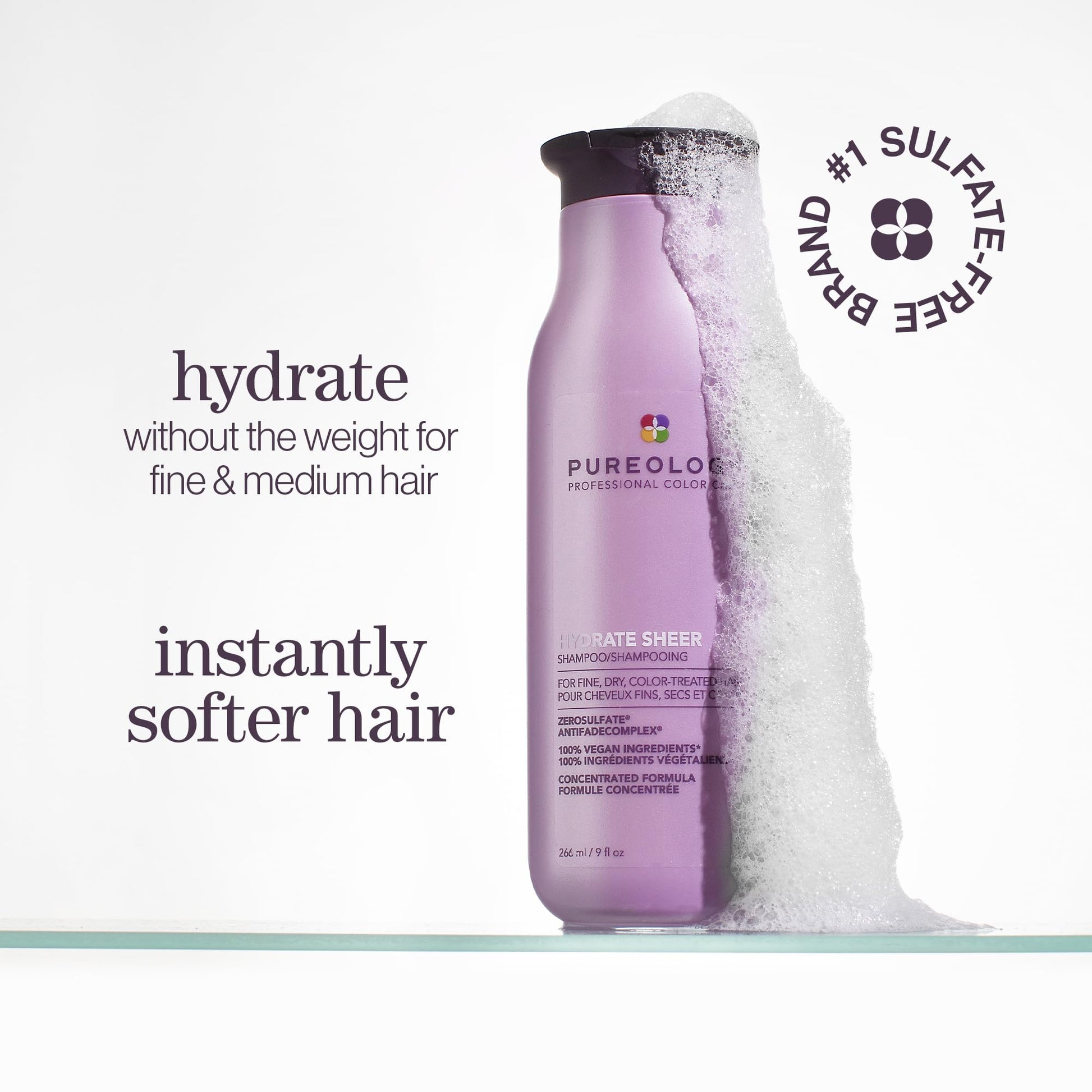 Pureology Hydrate Sheer Shampoo, Lightweight Color-Safe Hydration for Fine Dry Hair, Jojoba & Green Tea, Vegan, Sulfate-Free - Available at All In One Marketplace Canada