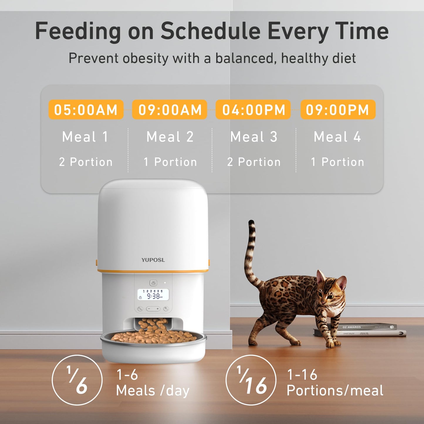Yuposl Automatic Cat Feeder, 3L Cat Food Dispenser with Over 180-day Battery Life, Anti-Jam Design, 1-6 Meals Per Day with Stainless Steel Cat Bowl, Keep Cat Dry Food Fresh, Also for Small Dog