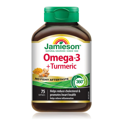 Jamieson Omega-3 + Turmeric Softgels, No Fishy Aftertaste, Supports Heart, Brain, and Joint Health. Fish Oil, Reduces Cholesterol and Inflammation, with EPA and DHA, Gluten-Free, 75 Count, Proudly Canadian - Available at All In One Marketplace Canada