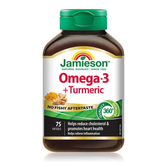 Jamieson Omega-3 + Turmeric Softgels, No Fishy Aftertaste, Supports Heart, Brain, and Joint Health. Fish Oil, Reduces Cholesterol and Inflammation, with EPA and DHA, Gluten-Free, 75 Count, Proudly Canadian - Available at All In One Marketplace Canada