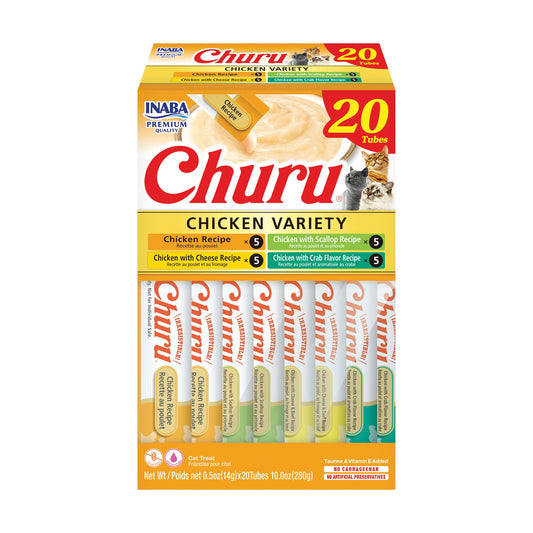INABA Churu Cat Treats, Grain-Free, Lickable, Squeezable Creamy Purée Cat Treat/Topper with Vitamin E & Taurine, 0.5 Ounces Each Tube, 20 Tubes, Chicken Variety Box