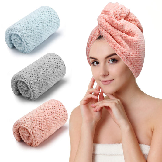 CZZXI 3 PCS Microfiber Hair Towel, Hair Wraps for Women Wet Hair, Fast Drying Hair Turban, Anti Frizz Head Towels Wrap for Curly Hair (Grey, Pink, Blue)