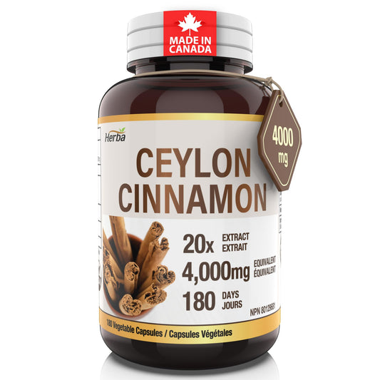 Herba Ceylon Cinnamon Capsules 4000mg - 180 Vegetable Capsules | Powerful 20:1 Extract from Sri Lanka | Equivalent to 4,000mg Dry Ceylon Cinnamon Powder | Made in Canada - Available at All In One Marketplace Canada