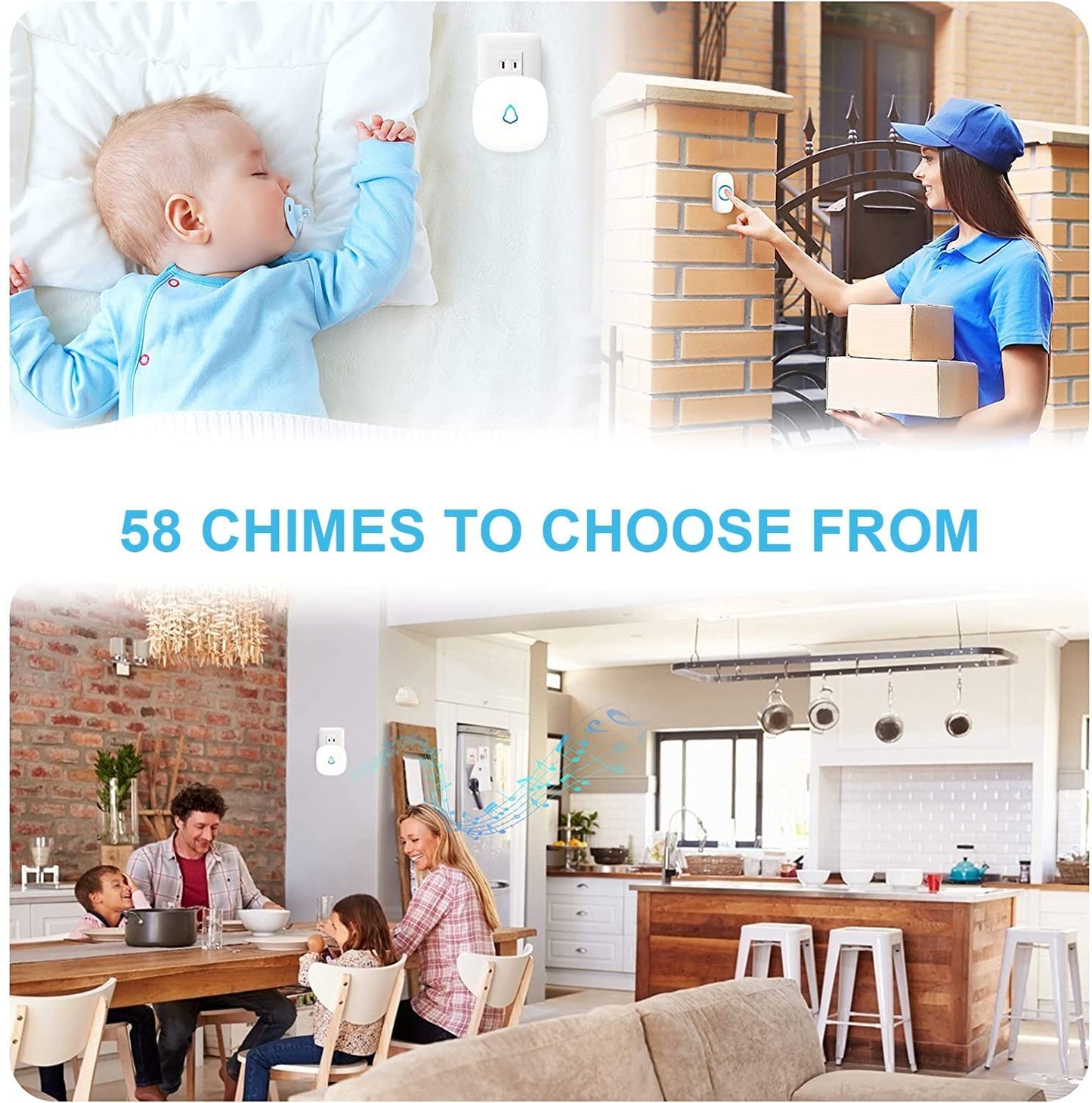 SECRUI Wireless Doorbell, Easy Installation, Adjustable Volumes, 58 Chimes, 1000Ft Operating Range, Waterproof, LED Indicator, White