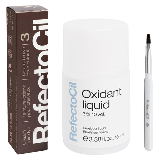 RefectoCil Natural Brown (#3) Hair Tinting Kit Includes Eyebrow Tint + Liquid Oxidant 3% + Mixing Brush - Available at All In One Marketplace Canada
