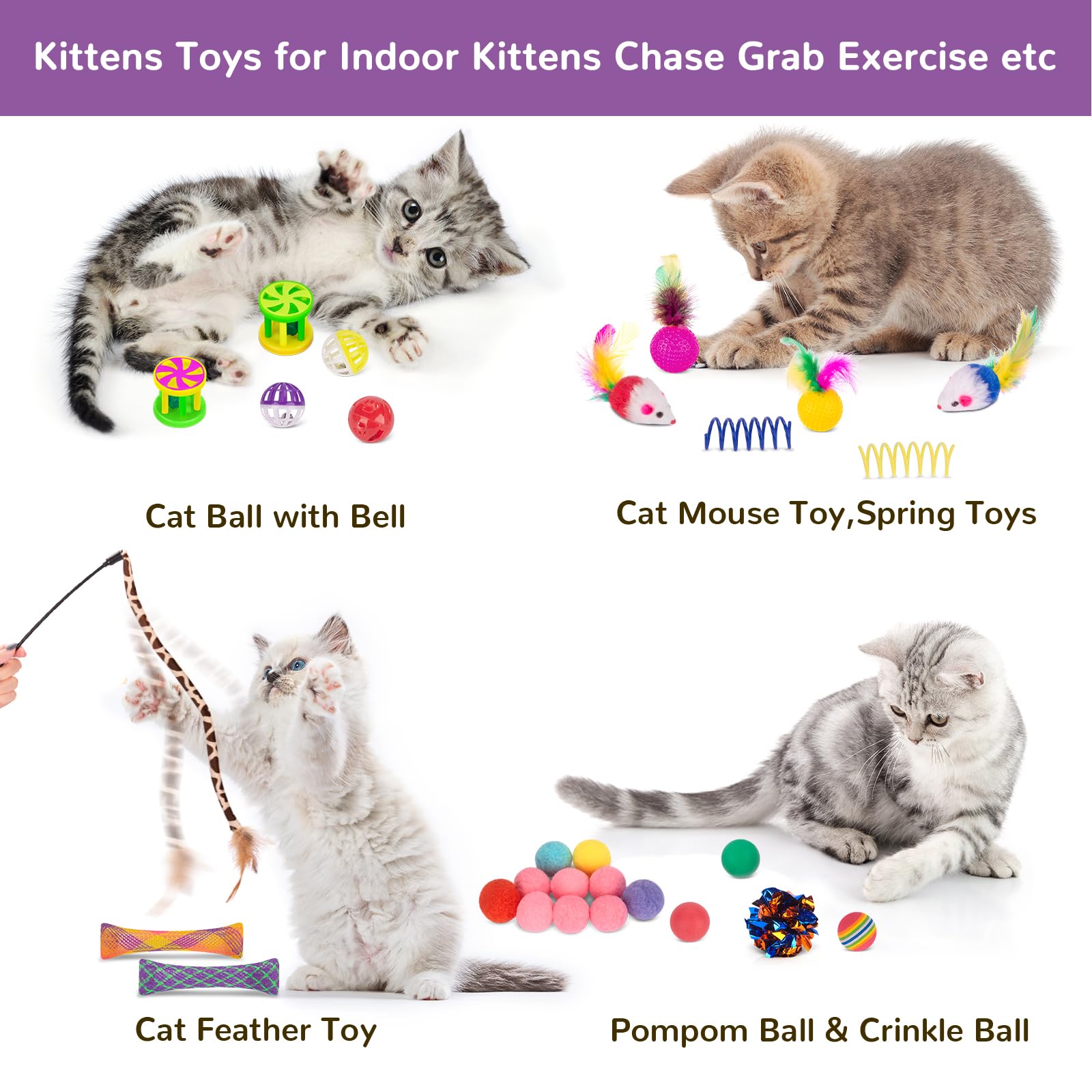 Retro Shaw Cat Toys Set 33 Pack, Cat Play Tunnel for Indoor Cats Kitty, Kitten Toys Include 2 Collapsible Cat Tunnels Tube Tent, Cat Feather Teaser Wand Springs Rainbow Bell Crinkle Ball Mouse Pompom - Available at All In One Marketplace Canada