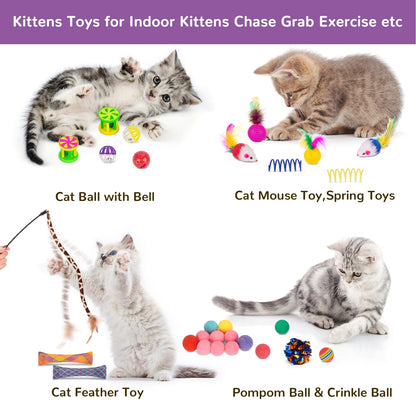 Retro Shaw Cat Toys Set 33 Pack, Cat Play Tunnel for Indoor Cats Kitty, Kitten Toys Include 2 Collapsible Cat Tunnels Tube Tent, Cat Feather Teaser Wand Springs Rainbow Bell Crinkle Ball Mouse Pompom - Available at All In One Marketplace Canada