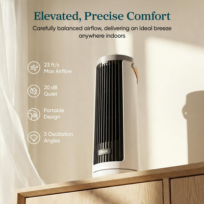 Levoit Mini Tower Fan for Bedroom, Quiet Cooling Desk Fan with Upgraded DC Motor, 20dB Ultra Silent, Portable Small Standing Fan with 5 Speeds, Multi‑Angle Oscillation, Remote & 12H Timer, Windi