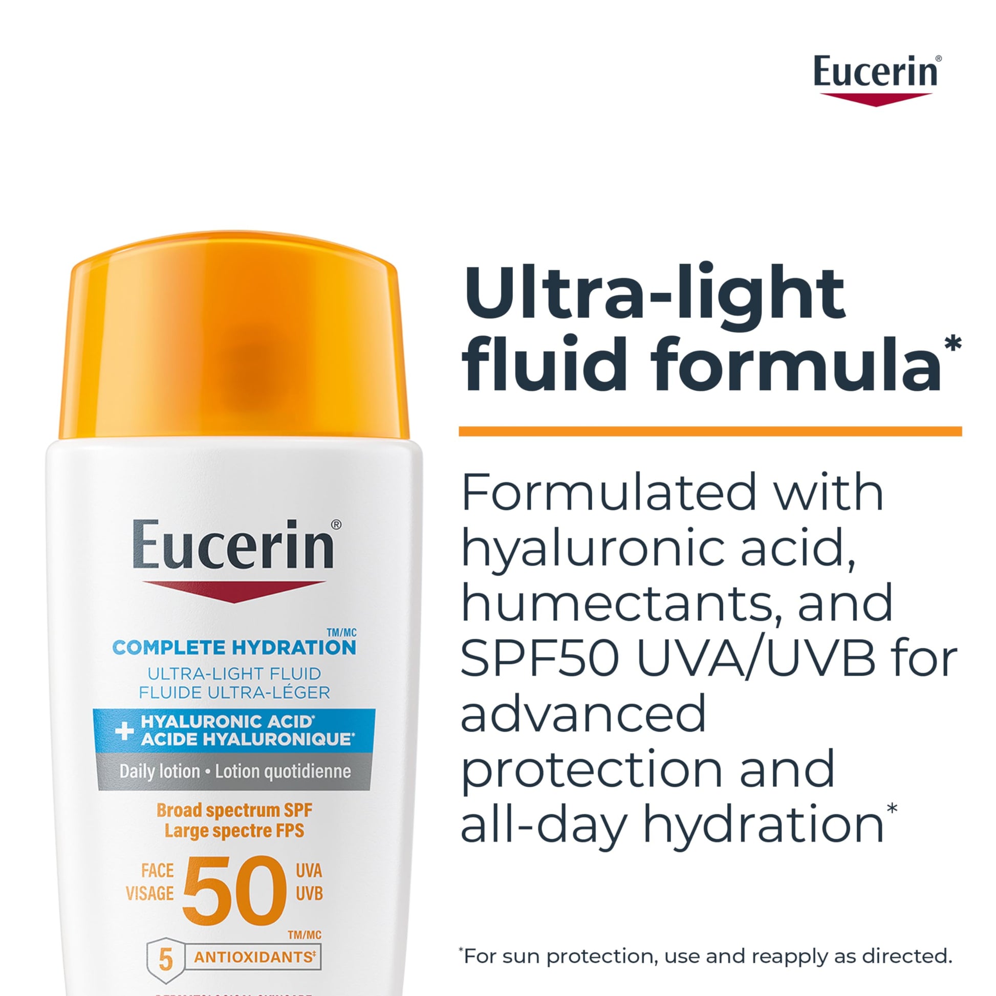 Eucerin Complete Hydration Ultra-Light Fluid Sunscreen, Daily Face Sunscreen SPF 50 With Hyaluronic Acid, Body SPF 50 Lotion with UVA-UVB Sun Protection, Fragrance Free & Non Greasy, 50 ml - Available at All In One Marketplace Canada