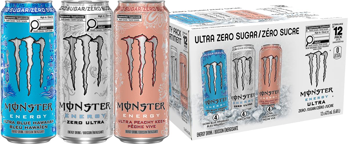 Monster Energy, Ultra Variety Pack (Zero Ultra, Ultra Blue Hawaiian, Ultra Peachy Keen), 473mL (12 Pack) - Zero Sugar Energy Drink