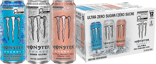 Monster Energy, Ultra Variety Pack (Zero Ultra, Ultra Blue Hawaiian, Ultra Peachy Keen), 473mL (12 Pack) - Zero Sugar Energy Drink
