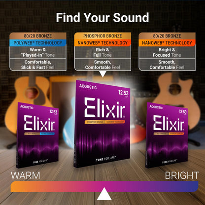 Elixir 16027 Phosphor Bronze Nanoweb Coating Acoustic Guitar Strings - Custom Light 11-52