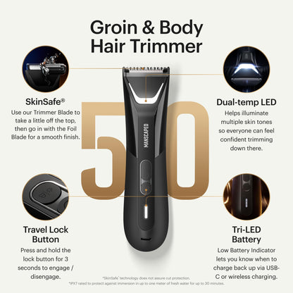 MANSCAPED® The Lawn Mower® 5.0 ULTRA Groin & Body Hair Trimmer – Dual-Head SkinSafe® Trimmer & Foil Blades, Waterproof Wet/Dry Groomer, USB-C Rechargeable with Travel Case, Men’s Ball Shaver, Black - Available at All In One Marketplace Canada