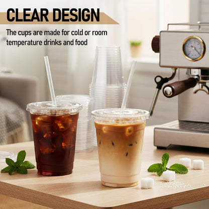 100 Pcs Clear Plastic Cups with Flat Lids and Straws, 12 oz Disposable PET Iced Coffee Cups - Ideal for Ice Coffee, Smoothie, Juice, Lemonade, Cold Beverages - Available at All In One Marketplace Canada