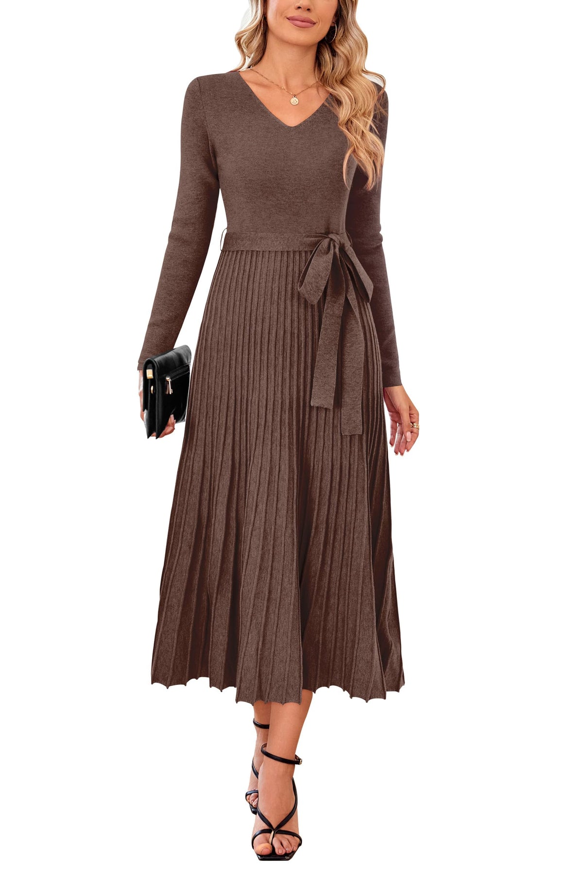 Arach&Cloz Women's Wool Blend Fall Long Sleeve Midi Sweater Dress Coffee L 🍁 All In One Marketplace Canada