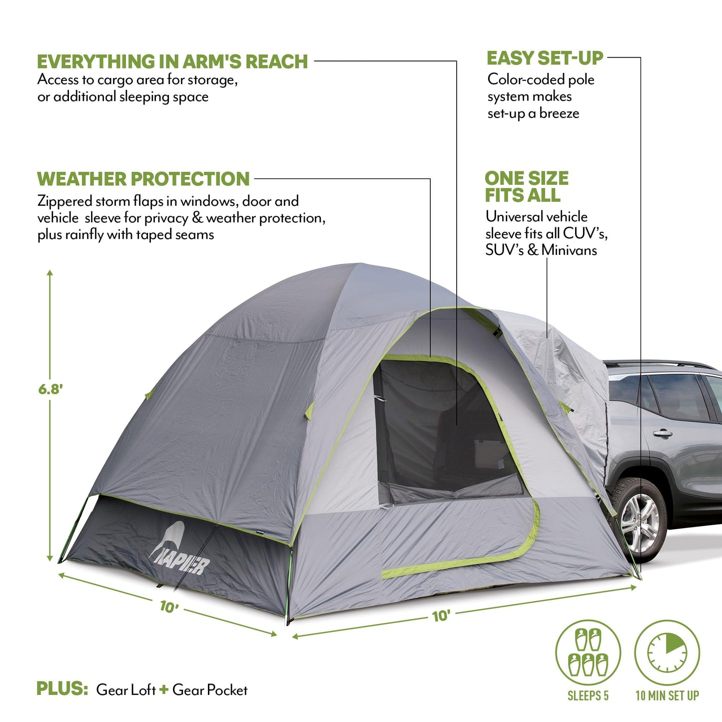 Napier Backroadz SUV Tent | 10' x 10' Vehicle Camping Tent | Fits All CUVs, SUVs, and Minivans | Sleeps 5 | Spacious, Durable, Easy Set-up | Gray/Green | Model 19100 Napier