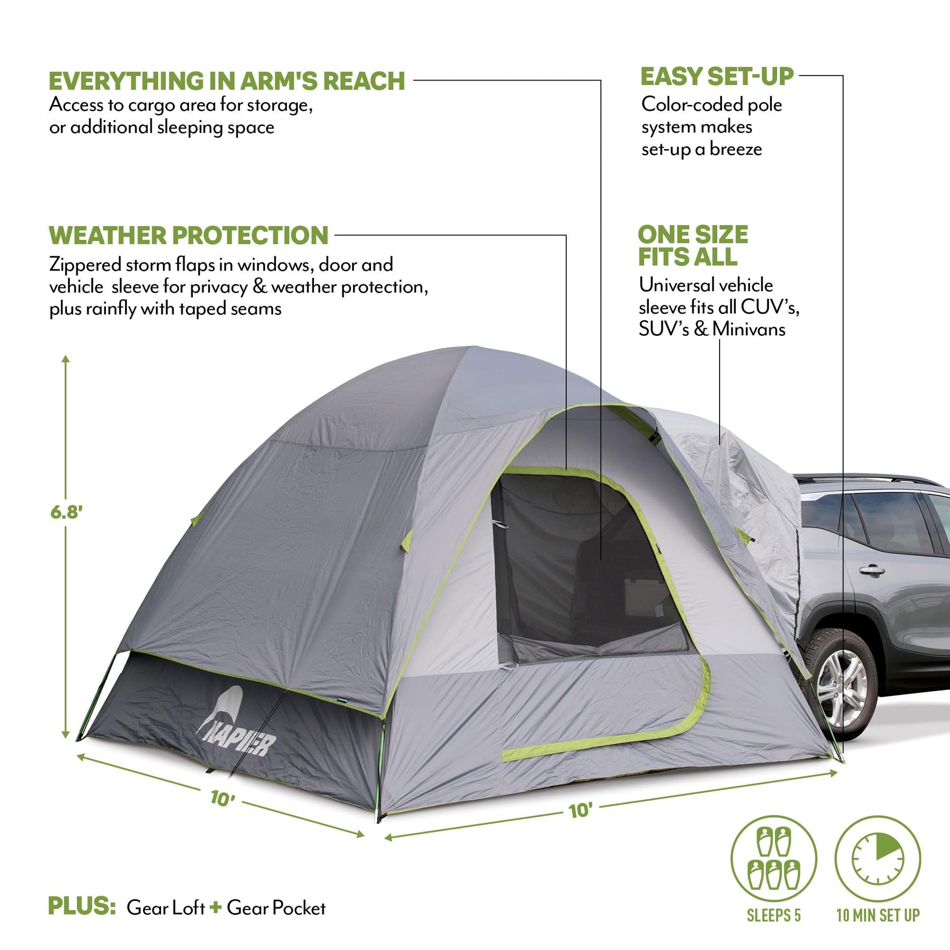 Napier Backroadz SUV Tent | 10' x 10' Vehicle Camping Tent | Fits All CUVs, SUVs, and Minivans | Sleeps 5 | Spacious, Durable, Easy Set-up | Gray/Green | Model 19100 Napier
