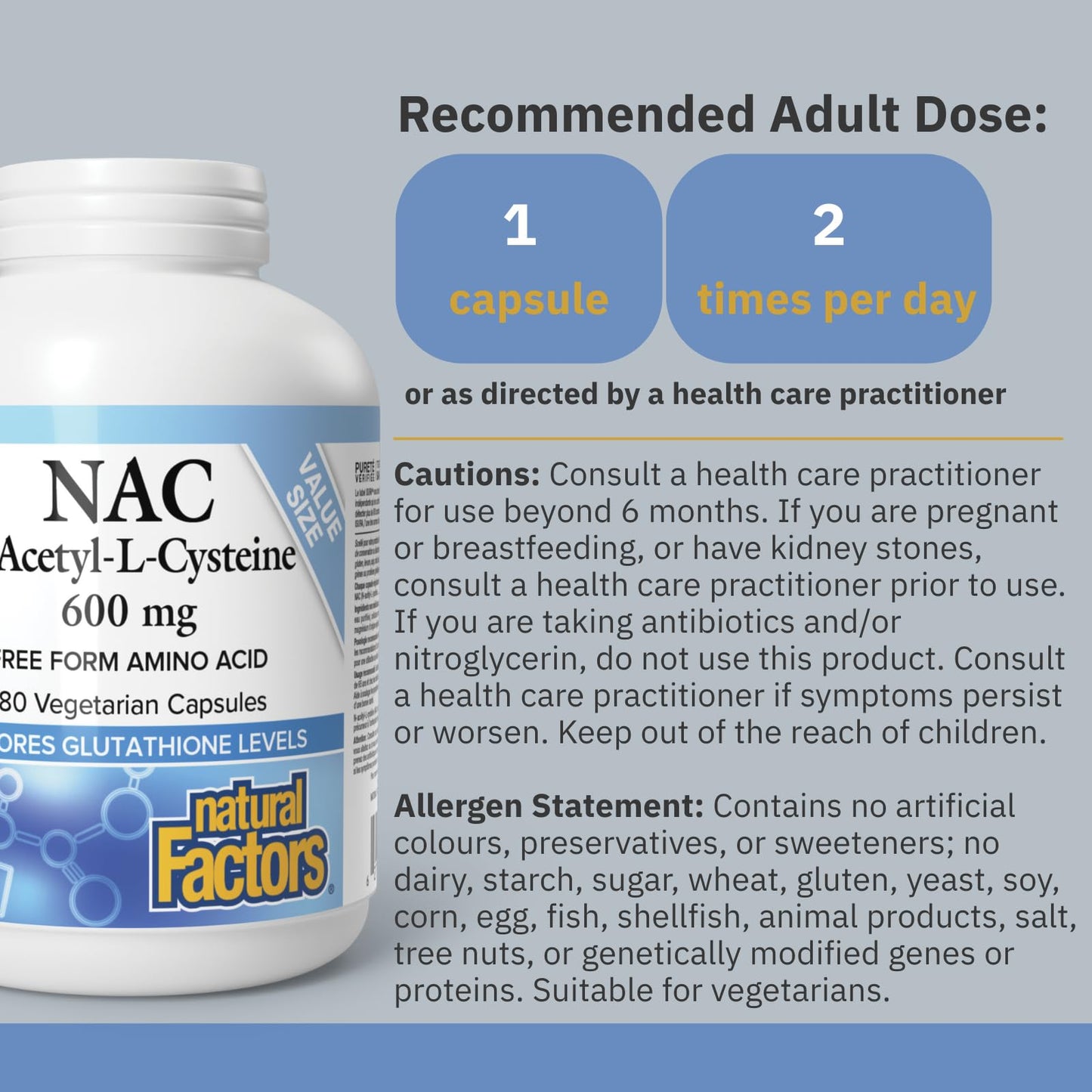 Natural Factors NAC Supplement (N-Acetyl-L-Cysteine), 600 mg, 180 Vegetarian Capsules, VALUE SIZE, Free Form Amino Acid, Helps Restore Glutathione Levels, Antioxidant Support, Proudly Canadian - Available at All In One Marketplace Canada