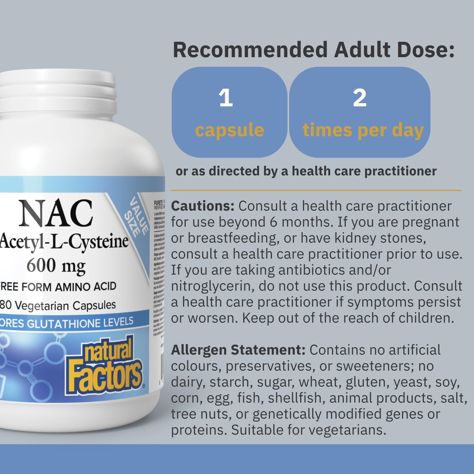 Natural Factors NAC Supplement (N-Acetyl-L-Cysteine), 600 mg, 180 Vegetarian Capsules, VALUE SIZE, Free Form Amino Acid, Helps Restore Glutathione Levels, Antioxidant Support, Proudly Canadian - Available at All In One Marketplace Canada