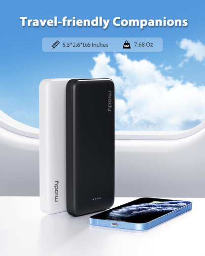 Miady 2-Pack 10000mAh Dual USB Portable Charger, Slim USB-C Power Bank, Travel Battery Pack 3 Outputs 2 Inputs Compatible with iPhone 17/16/15/14 Galaxy S24/22 Google iPad Android etc