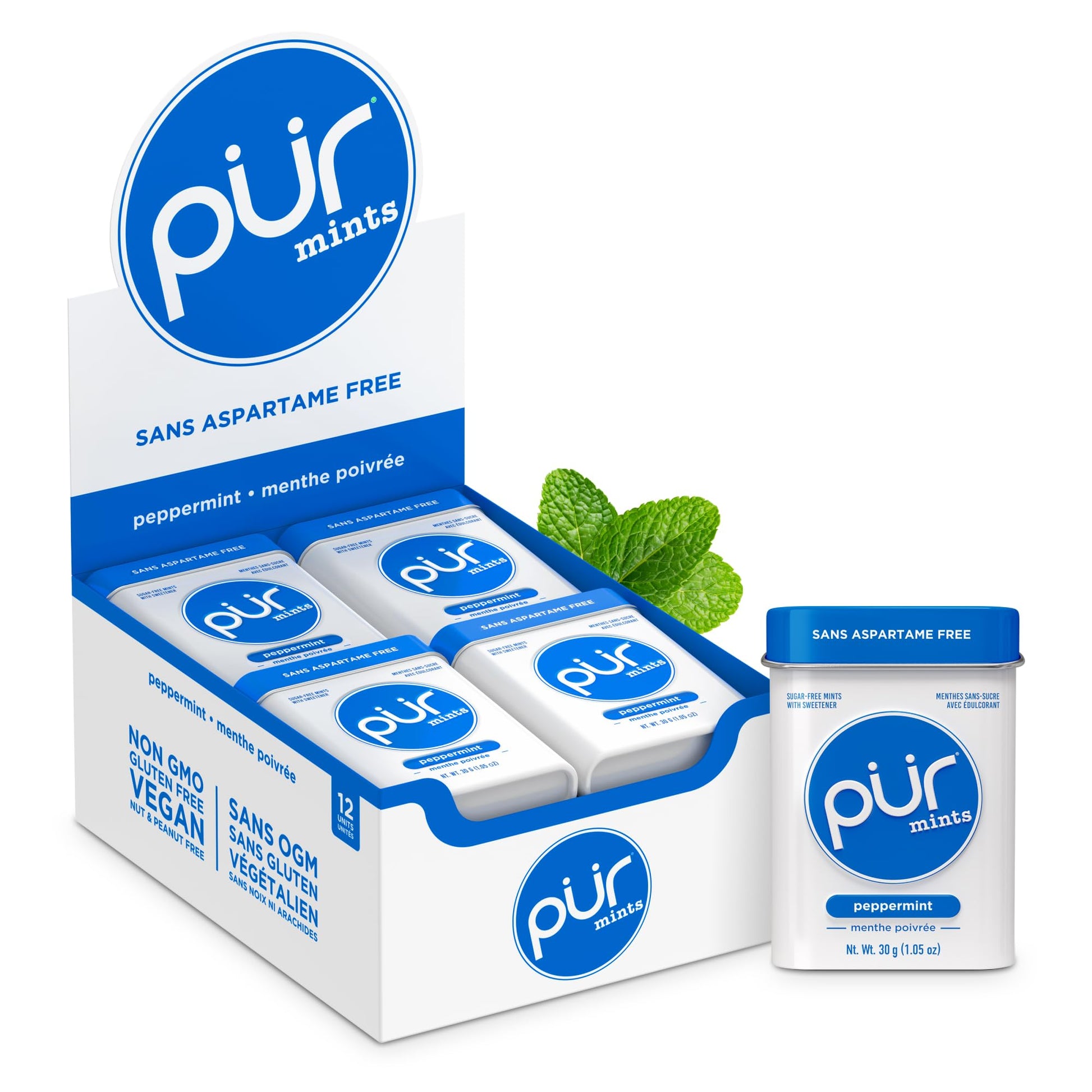 PUR Mints | Aspartame Free | Made with Xylitol | Sugar Free, Vegan, Gluten Free & Keto Friendly | Natural Peppermint Flavoured Mints, 30 Pieces (Pack of 12) - Available at All In One Marketplace Canada