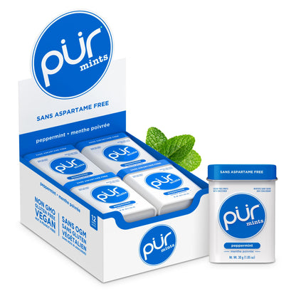 PUR Mints | Aspartame Free | Made with Xylitol | Sugar Free, Vegan, Gluten Free & Keto Friendly | Natural Peppermint Flavoured Mints, 30 Pieces (Pack of 12) - Available at All In One Marketplace Canada