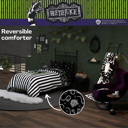 Franco Collectibles Beetlejuice Halloween Striped Bedding 4 Piece Super Soft Comforter and Sheet Set, Twin, (Officially Licensed Product)