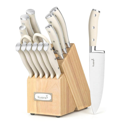 Kuisine 15-Piece Ivory Handle Chef Knife Set with Built-in Sharpener Block 🍁 All In One Marketplace Canada