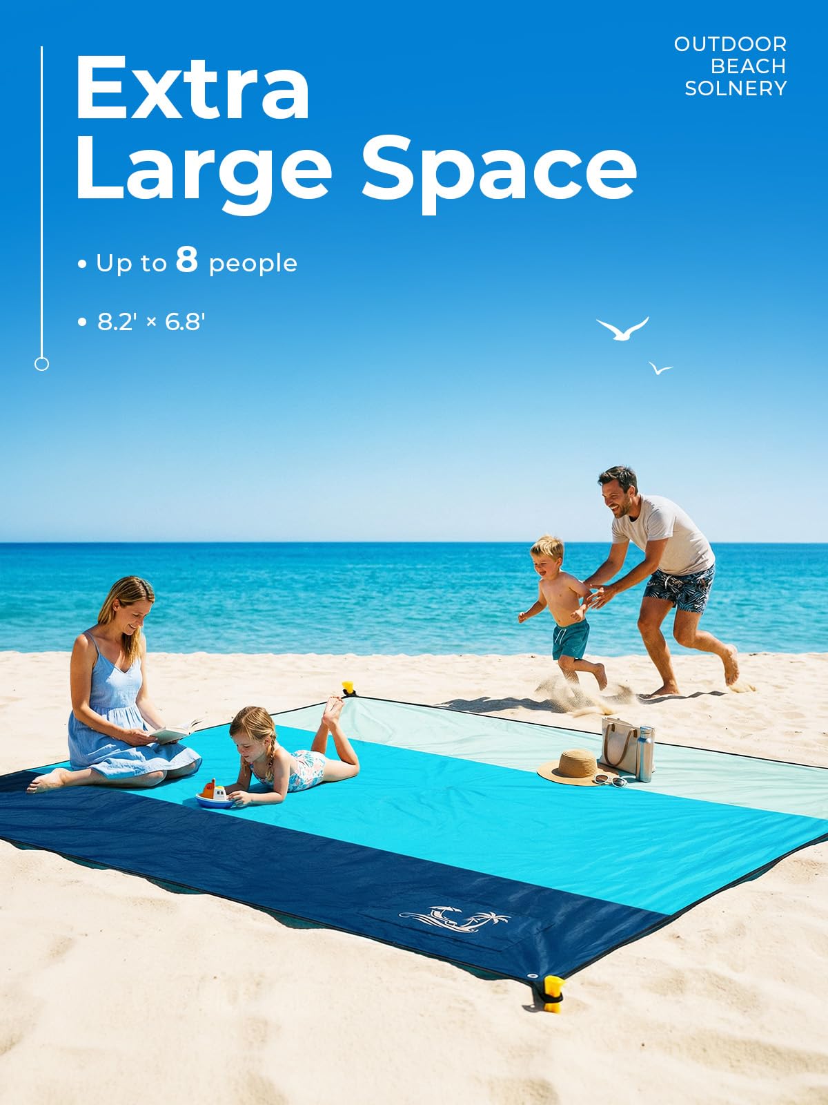 SOLNERY Large Beach Blanket Sand Proof Water Resistant, Beach Mat Sand Free Waterproof, Windproof, Stylish & Skin-Friendly, 8.2 x 6.8 ft, Fits 1–8 People, for Seaside, Picnic & Outdoor(Ocean Blue)