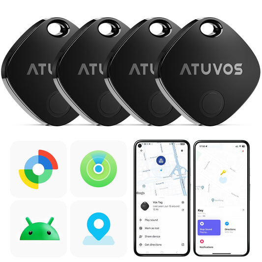 ATUVOS Air Tracker Smart Tags Pro for Android & iOS, New Dual System Key Finder Work with Google Find Hub or Apple Find My APP, Bluetooth Item Locator for Luggage, Suitcase. Replaceable Battery.4 Pack - Available at All In One Marketplace Canada