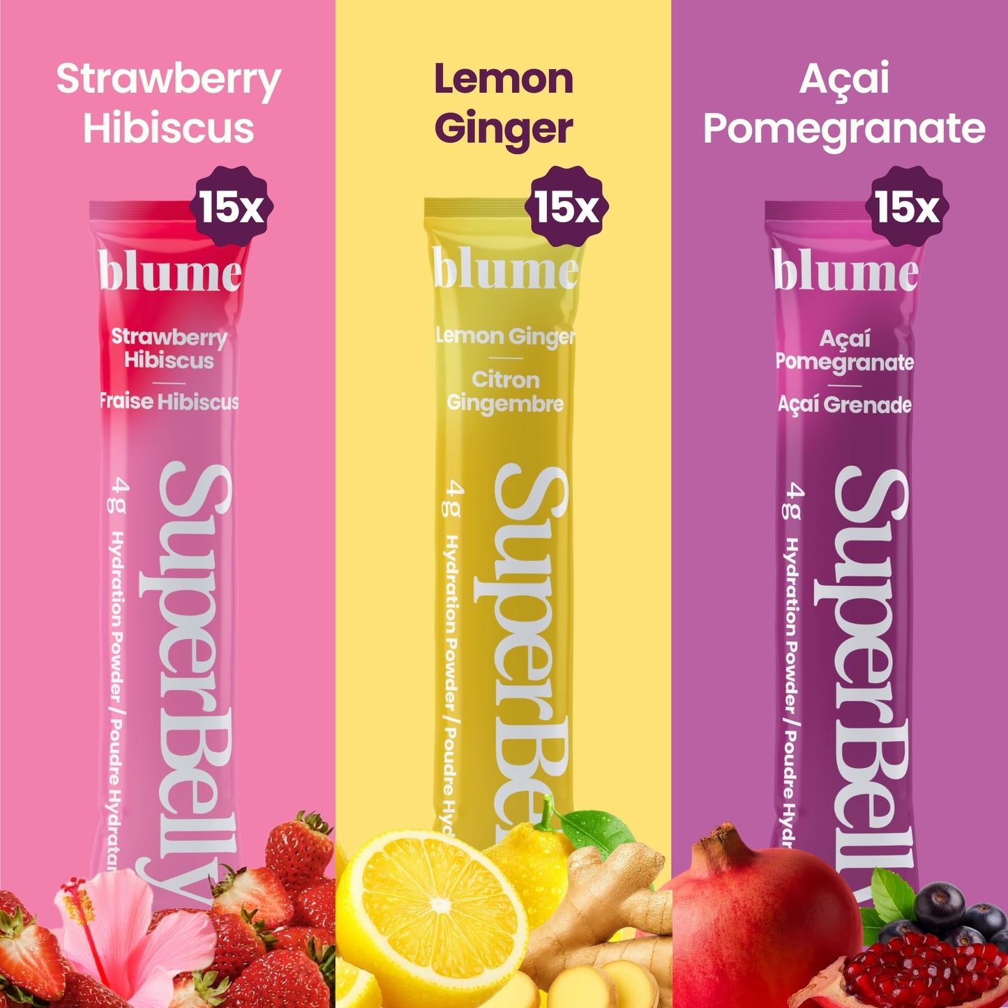 Blume SuperBelly Variety Pack – Gut Health Hydration Sticks, 45 Count (Strawberry, Lemon, Acai)