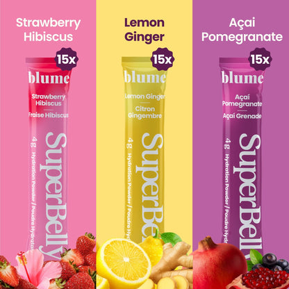 Blume SuperBelly Variety Pack – Gut Health Hydration Sticks, 45 Count (Strawberry, Lemon, Acai)