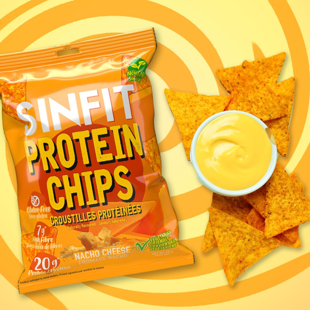 SinFit Protein Chips Nacho Cheese - 20g Protein, High Fiber, Low Carb, Gluten Free (7-Pack)