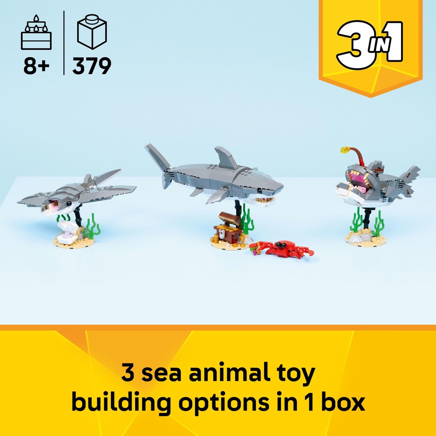 LEGO Creator Fierce Shark with a Treasure Chest Building Toy for Boys & Girls - Kids Build a Shark, Fish, or Manta Ray Animal Figure - Bedroom or Shelf Decor for Ages 8+ - 31381 LEGO