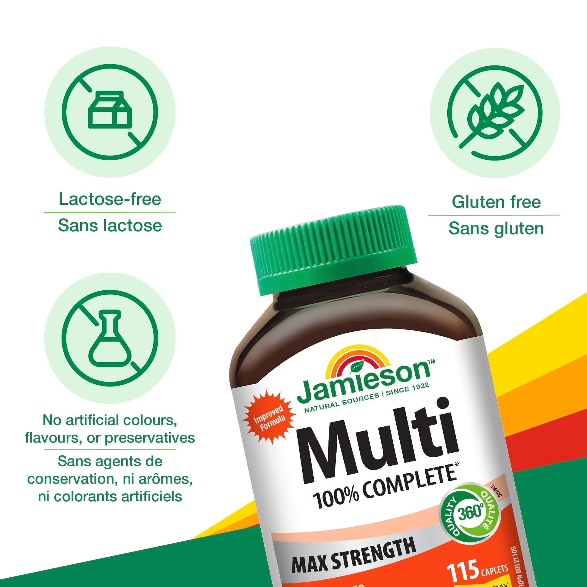 Jamieson 100% Complete Multivitamin Max Strength, with Higher Concentrations of Vitamin B, Vitamin C, and Vitamin D. Supports Immunity, Energy, and Overall Health, Gluten-Free, One Per Day, 115 Caplets - Available at All In One Marketplace Canada