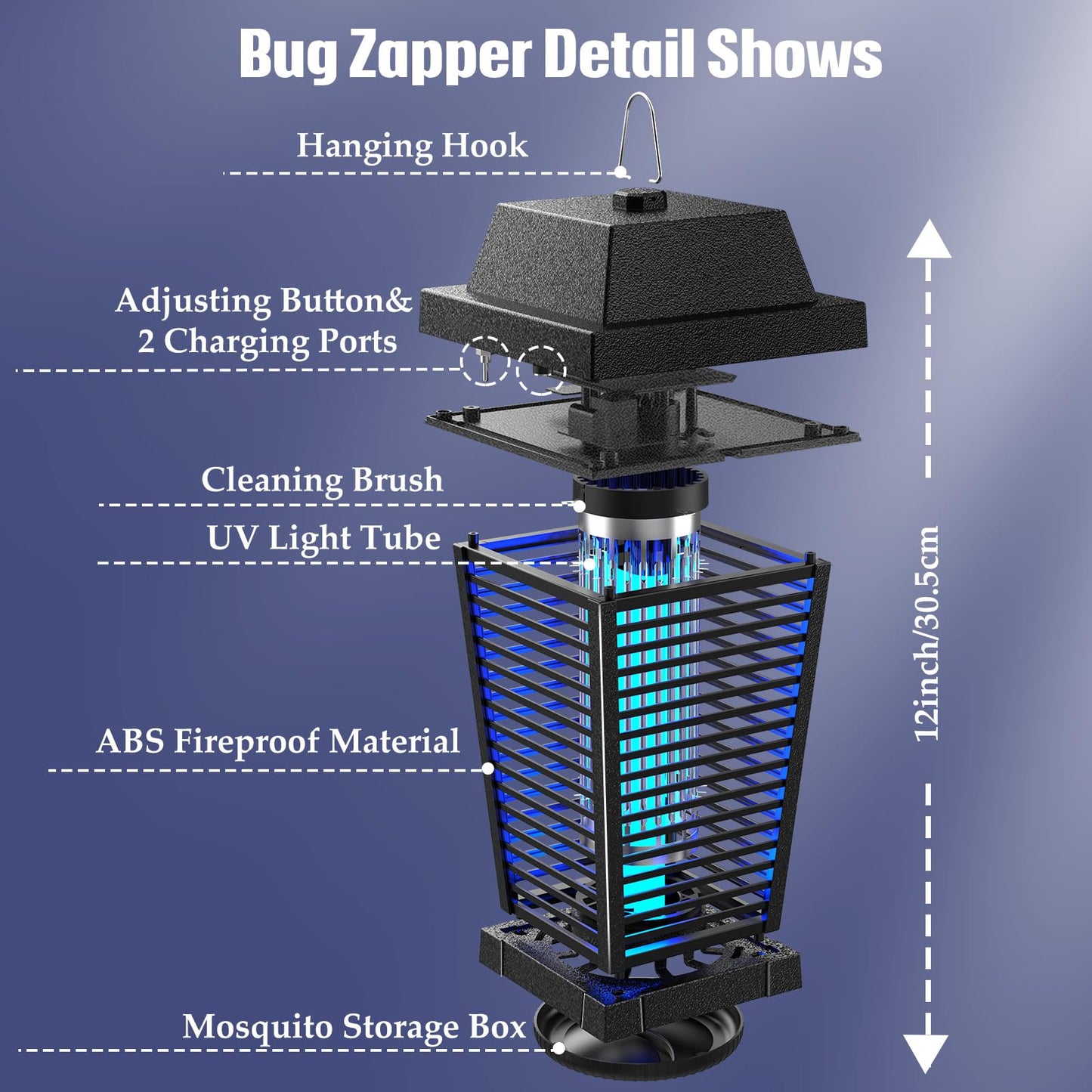 PALONE Bug Zapper with 4500V, USB-C and Solar Panel Dual Charging, Waterproof Bug Zapper with 7.5W Solar Charging Panel, Suitable for Camping Outdoor