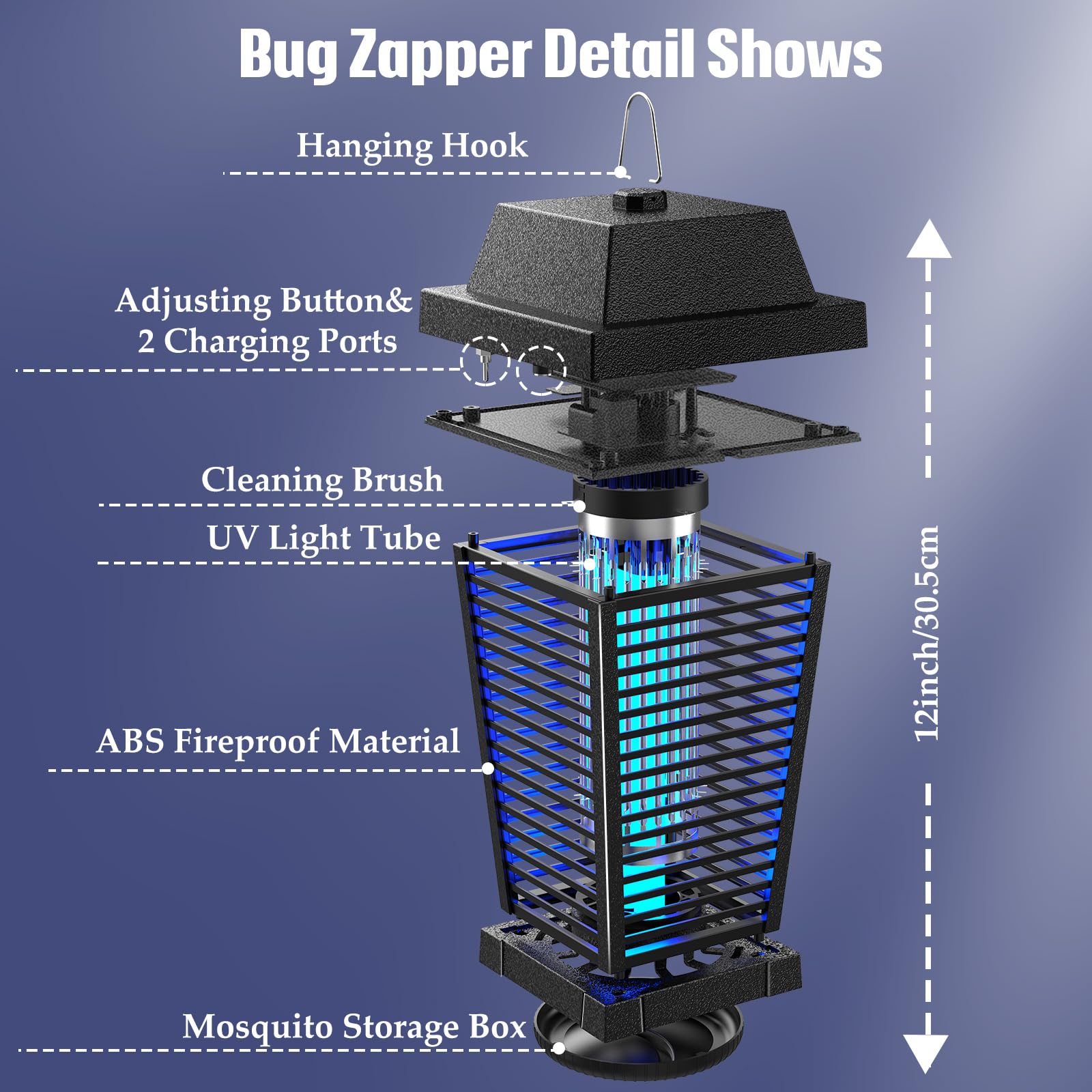 PALONE Bug Zapper with 4500V, USB-C and Solar Panel Dual Charging, Waterproof Bug Zapper with 7.5W Solar Charging Panel, Suitable for Camping Outdoor