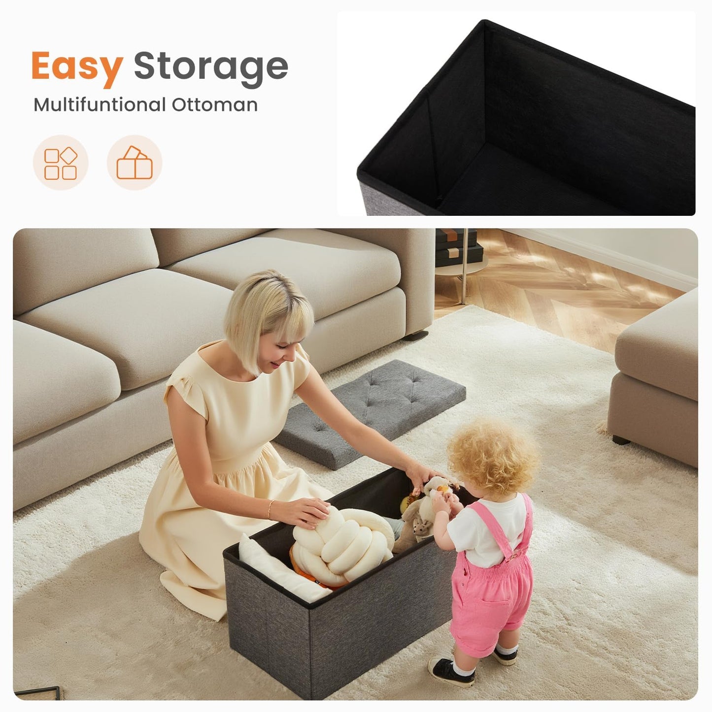 Sweetcrispy Folding Storage Ottoman Bench, Light Grey, Entryway Bench for Living Room, Ottomans with Storage for Bedroom, Heavy Duty 660 lbs Load Capacity, Linen Footrest Seat Sweetcrispy