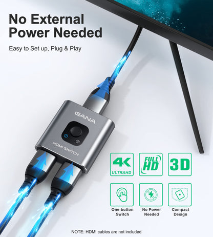 HDMI Switch 4K HDMI Splitter - Gana Prime Aluminum Bi-Directional HDMI Switcher 1 in 2 Out (Single Display) or 2 Input 1 Output, Supports 4K 3D HD 1080P for Xbox PS4 Roku HDTV etc. （Grey…