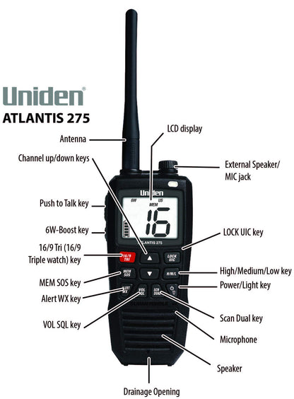 Uniden Atlantis 275 Handheld Two-Way VHF Marine Radio, Floating IPX8 Submersible Waterproof, Large Dual-Color Screen, 6-Watt, All USA/International/Canadian Marine Channels, NOAA Weather Alerts Uniden