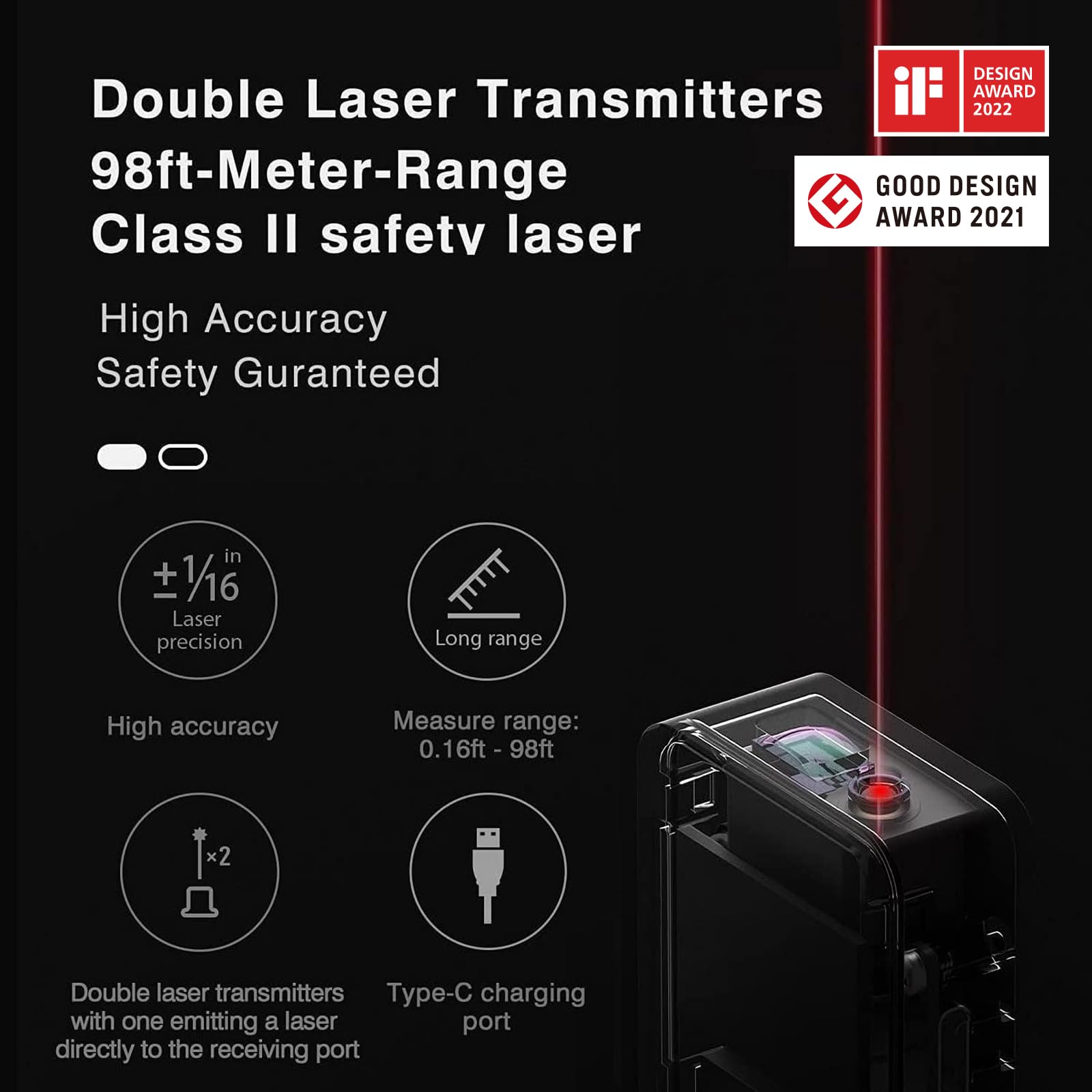 HOTO Laser Measuring Tool, Pocket-Size 98Ft Digital Laser Tape Measure ±2mm Accuracy, USB-C Rechargeable, OLED Display, Ft/M/in Unit, Real-time Data Sync, Cool Gadgets Gifts for Men & Home Use - Available at All In One Marketplace Canada