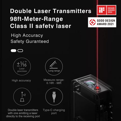 HOTO Laser Measuring Tool, Pocket-Size 98Ft Digital Laser Tape Measure ±2mm Accuracy, USB-C Rechargeable, OLED Display, Ft/M/in Unit, Real-time Data Sync, Cool Gadgets Gifts for Men & Home Use - Available at All In One Marketplace Canada