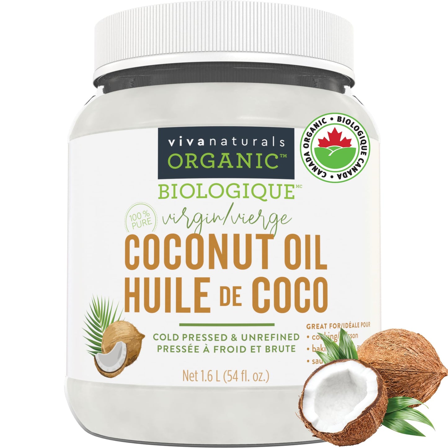 Viva Naturals Organic Virgin Coconut Oil, 54 fl oz (1.6 L) – Cold-Pressed, Unrefined & Non-GMO for Cooking, Hair & Skin