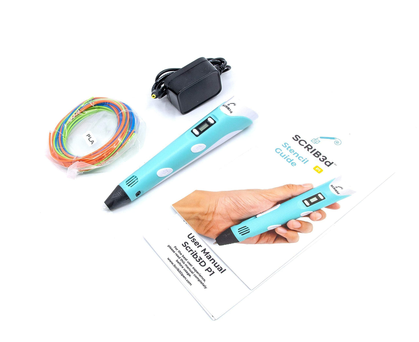 SCRIB3D P1 3D Printing Pen with Display - Includes 3D Pen, 3 Starter Colors of PLA Filament, Stencil Book + Project Guide, and Power Adapter - Available at All In One Marketplace Canada