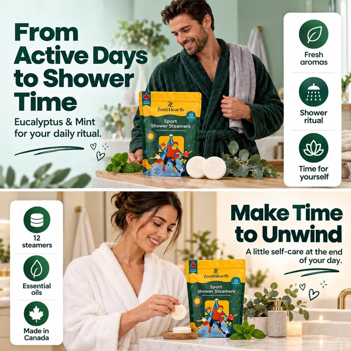 Zen & Hearth Sport Shower Steamers, 12 Pack Eucalyptus & Mint with Menthol 🍁 All In One Marketplace Canada