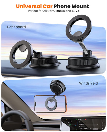 BOSILLEY Magnetic Car Phone Mount for MagSafe, Strong Suction Cup Phone Holder for Car Dashboard & Windshield, 360° Rotatable & Foldable, Adjustable Cell Phone Holder for Car, Fits iPhone 12–17 Series